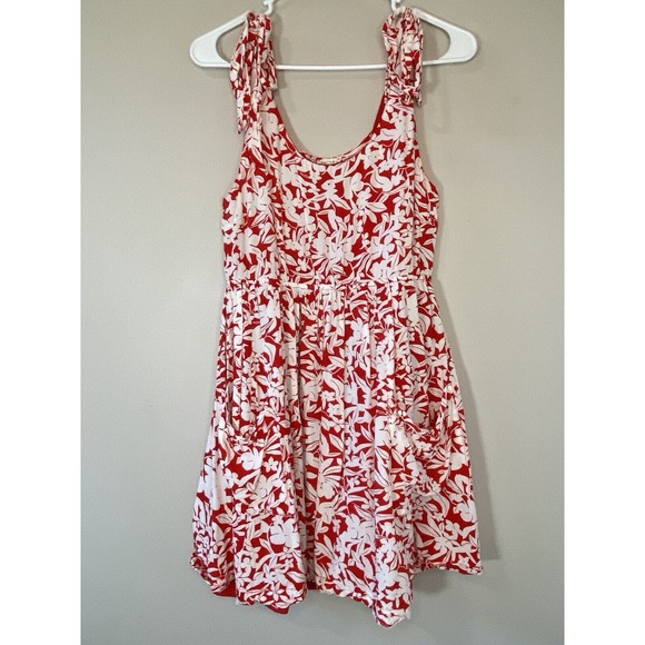 Jodifl Red and White Floral Mini Dress Tie Straps Size SMALL Fit & Flare Pockets - Picture 1 of 9